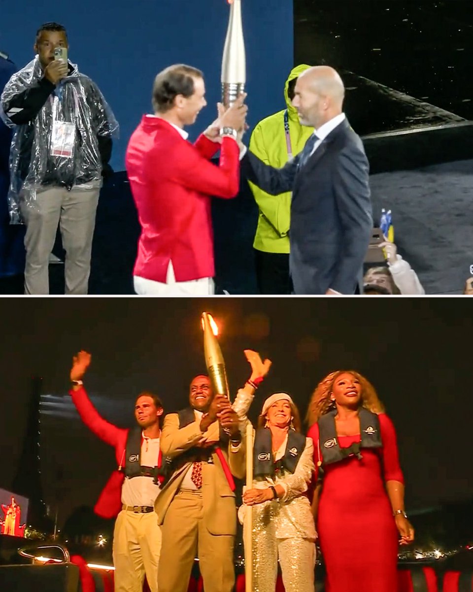 Rafael Nadal, Serena Williams, Carl Lewis and Nadia Comǎneci all helped carry the Olympic torch in Paris 🔥 #OpeningCeremony