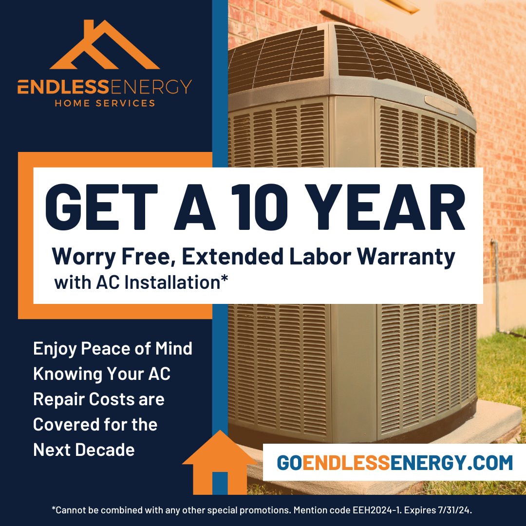 🧊 Stay Cool with This Hot Offer! 🧊

Enjoy a 10-year, worry-free, extended warranty with every AC installation at Endless Energy! Ensure your peace of mind &amp; reliable cooling performance for the next decade. Don't miss out on this amazing opportunity. Schedule with us today!