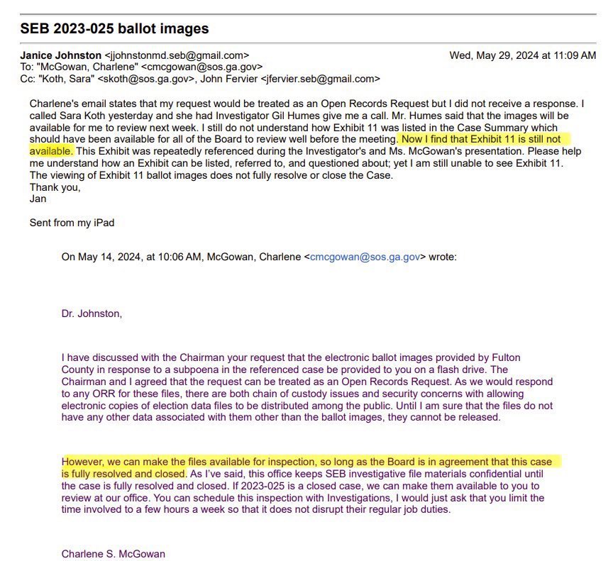 wrkfullerton's tweet photo. I understand your perspective. Many cases were dismissed without fully hearing the evidence. These Georgia documents raise important questions. One email shows key evidence, Exhibit 11, would only be available after the case was resolved. Exhibit 11 contains over 518,000 ballot images from the December 2020 recount. Why would the election board withhold such crucial evidence until after the trial? I’d love to hear your thoughts on the need for transparency in our electoral process.