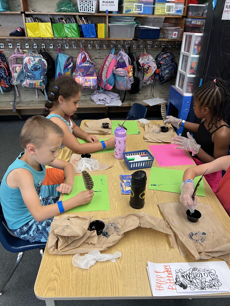 KidscareGCSD's tweet image. Writing with ink quills today, everyone agreed that we're pretty happy that the pen was invented! Happy Friday @GreeceCentral! 😀 #back2thefuture