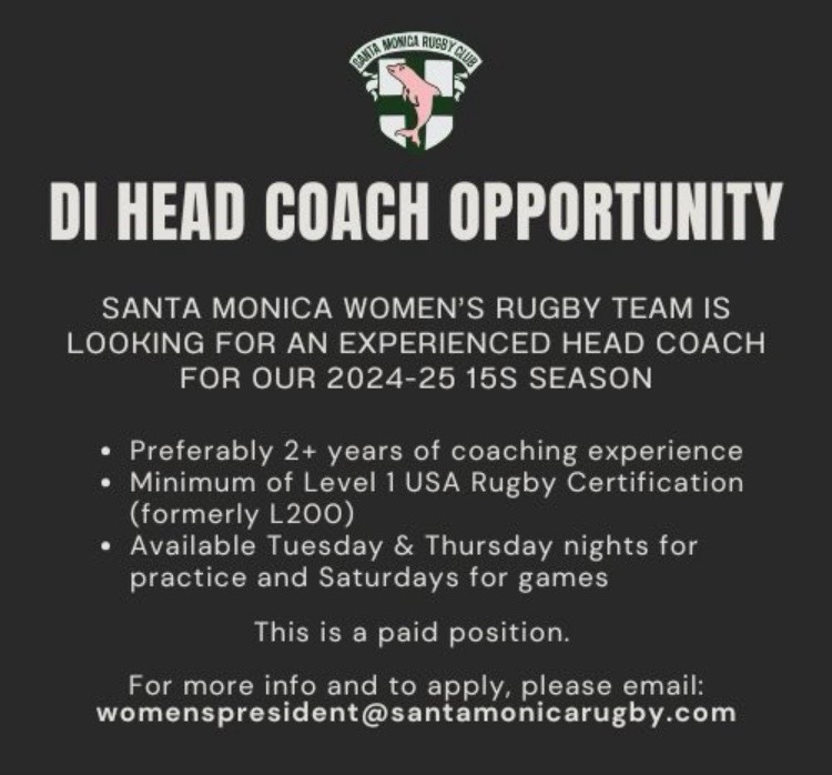 rugbyvacancies's tweet photo. Santa Monica Women’s Rugby, Head Coach, part-time. 

Further info at the picture. https://t.co/69ndgIO0Rv