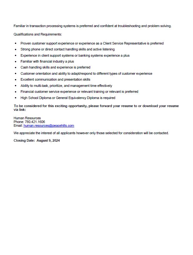 <a href="/PeaceHillsTrust/">Peace Hills Trust</a> Edmonton is ISO of two new Customer Service Representatives.  If you or someone you know is looking for a career in banking, check out this posting and apply today! #hiring #newopportunity #careersinbanking