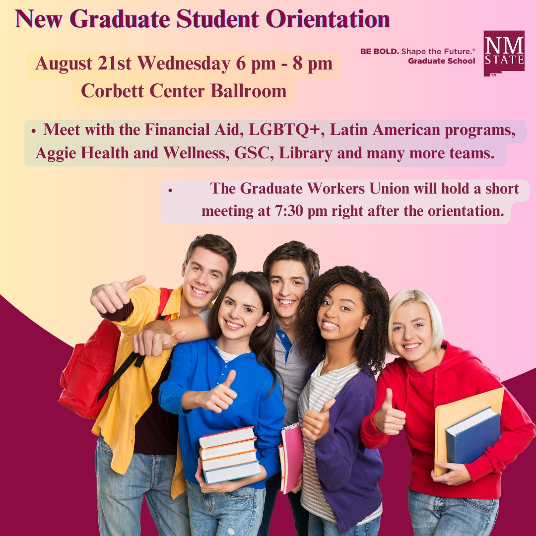 Calling all NMSU Grad Students!   Join us for an exciting campus pow-wow with reps from the NMSU Library, GSC, Black Programs, Latin Programs, and Financial Aid! Let’s get together to make this year amazing  📅 Date: Wednesday, August 21st 📷 Time: 5:00 - 6:00 PM #NMSU #Aggies