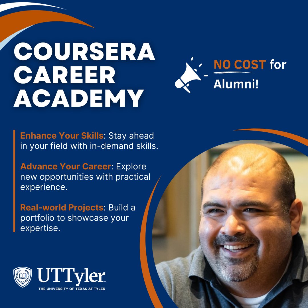 UTTylerAlumni's tweet photo. Reminder: @utsystem offers free Coursera access to over 35 certification courses to all UT Tyler alumni! ✨🎓 Ready to boost your career? Click the link below to get started today! #Coursera #UTTylerAlumni

https://t.co/cGYDRkSK2c https://t.co/tNnneD0UEz