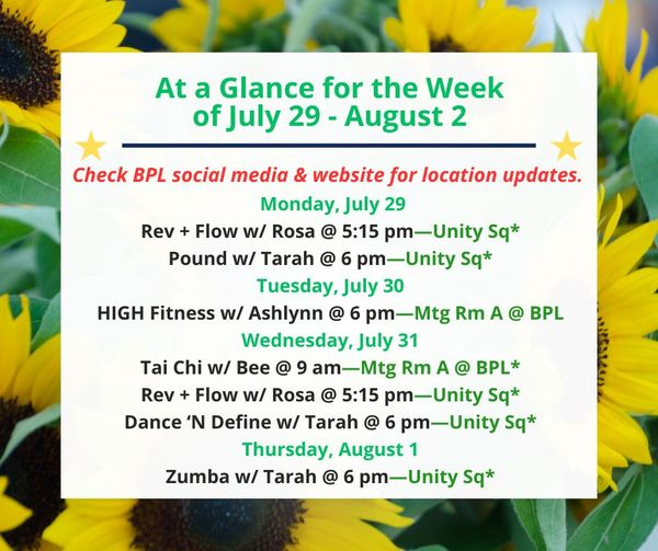 bvillelibrary's tweet photo. Health, Fitness, & Wellness At a Glance for the Week of July 29-August 2
Check BPL social media & website for any location changes due to weather. All classes are free and open to the public.
#BPLibraryLife #free #poundfit #wellness #highfitness #revflow #dancendefine #fitness https://t.co/ViyIntVQBZ