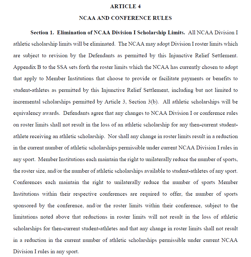 ProfBank's tweet photo. The House settlement, if approved, contains significant changes that would affect NCAA D1 soccer.  It would 1) eliminate scholarship limits, 2) allow scholarships to be partial or full, and 3) permit roster limits to be imposed for schools that participate in revenue sharing 1/ https://t.co/DX6DMNwtrs
