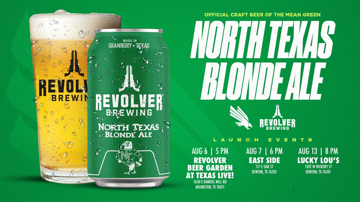 UNT Athletics has a 𝘰𝘧𝘧𝘪𝘤𝘪𝘢𝘭 craft beer! We partnered up with <a href="/RevolverBrewing/">Revolver Brewing</a> 🍺 to create the North Texas Blonde Ale! 

We are hosting a few launch events at <a href="/tx_live/">Texas Live!</a> &amp; in Denton! We can't wait to see you there! 🍻
