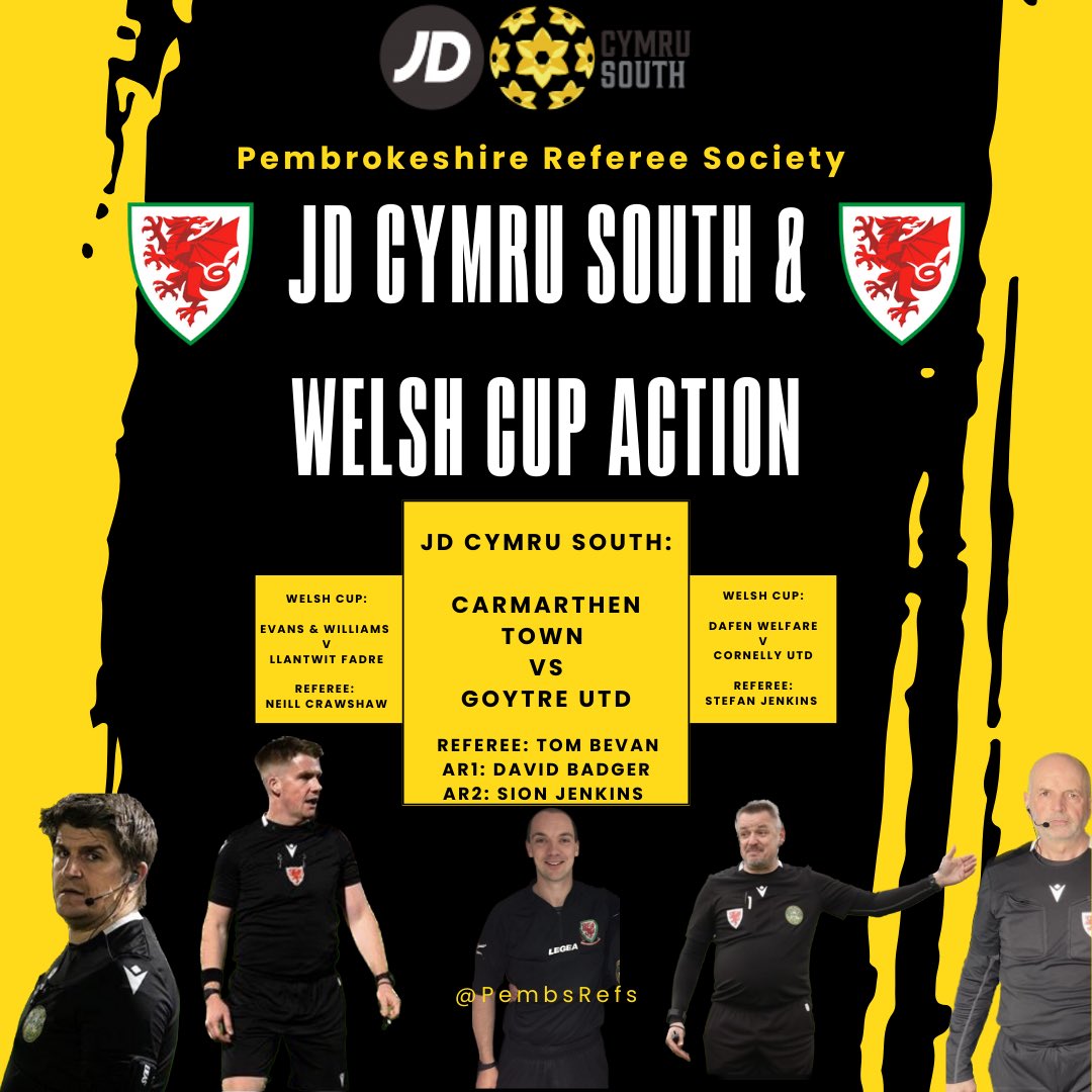 Pembrokeshire Referees Society (@pembsrefs) on Twitter photo Saturday league action is back with <a href="/CymruLeagues/">JD Cymru Leagues π΄σ §σ ’σ ·σ ¬σ ³σ Ώ</a> and <a href="/FAWales/">FA WALES</a> Cup matches too! β½οΈ
Tom Bevan is in the middle at <a href="/CarmarthenAFC/">Carmarthen Town AFC π΄σ §σ ’σ ·σ ¬σ ³σ Ώ</a> with David Badger and Sion Jenkins as assistants.
Neill Crawshaw & Stefan Jenkins are in Welsh Cup action in Llanelli and Dafen!
Go well lads! Saturday league action is back with <a href="/CymruLeagues/">JD Cymru Leagues π΄σ §σ ’σ ·σ ¬σ ³σ Ώ</a> and <a href="/FAWales/">FA WALES</a> Cup matches too! β½οΈ
Tom Bevan is in the middle at <a href="/CarmarthenAFC/">Carmarthen Town AFC π΄σ §σ ’σ ·σ ¬σ ³σ Ώ</a> with David Badger and Sion Jenkins as assistants.
Neill Crawshaw & Stefan Jenkins are in Welsh Cup action in Llanelli and Dafen!
Go well lads!