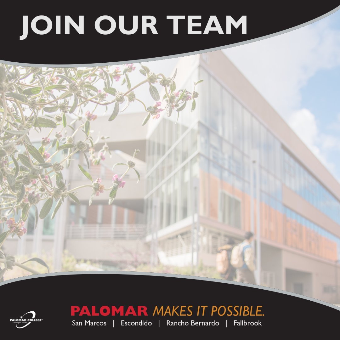 Now Hiring at Palomar College!
Be part of our team.
Senior Media/Helpdesk Specialist -- Three Positions
Close date: 07/29/2024
palomar.peopleadmin.com/postings/23851

Director, Nursing Education
Close date: 09/09/2024
palomar.peopleadmin.com/postings/23850