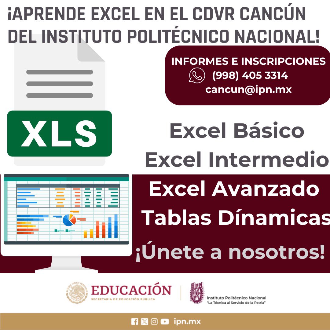 cvdr_cancun's tweet image. ¡Inscríbete en nuestro curso de Excel! Aprende a manejar datos y optimiza tu trabajo. 📊 Más info: WhatsApp 998 405 3314 cancun@ipn.mx #IPN #CVDRcancún #CursoDeExcel