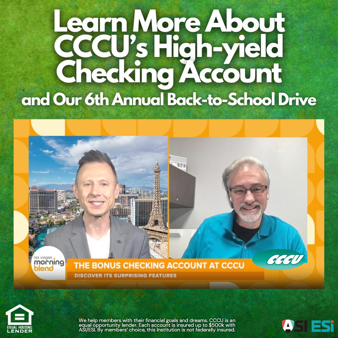 CreateCreditU's tweet image. CHECKING: Learn more about our high-yield checking account - Bonus Checking - from CCCU's Director of Business Development Craig F. He also shared more about our 6th annual Back-to-School drive. bit.ly/3yfFeqs. @LVMorningBlend

#CCCUCares #CreditUnioning #BonusChecking