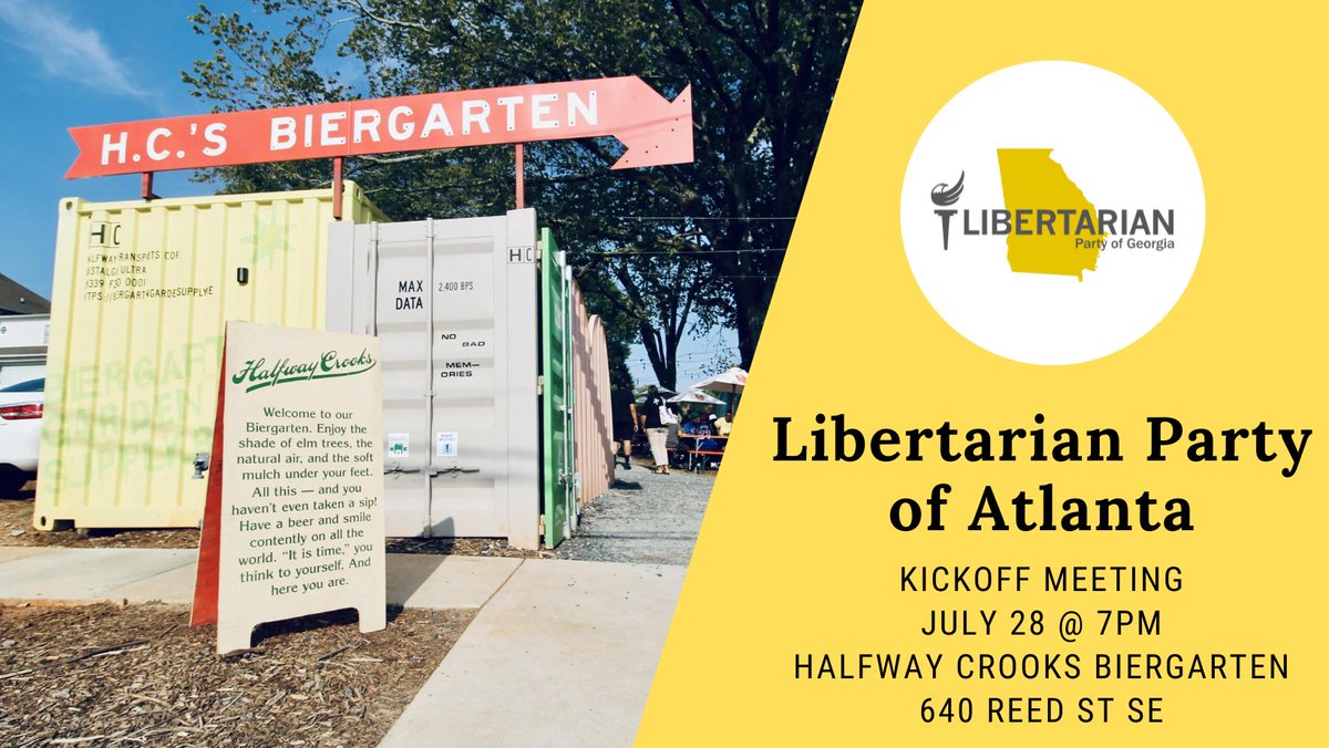 lp_atl's tweet photo. Hey, everyone! LP Atlanta is getting going again, but we need YOUR help! Come to our kickoff meeting this Sunday, July 28 at 7PM to help elect leadership and brainstorm strategy over some great beverages! https://t.co/31NM0Eu31g