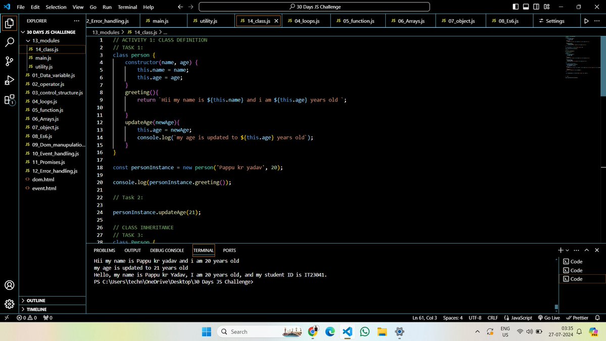 mr_yadav__70's tweet image. 30 Days Javascript Challenge #day14 Completed:
Task Day 14: CLASSES IN JAVACRIPT
#webdev #chaiorcode #javascript