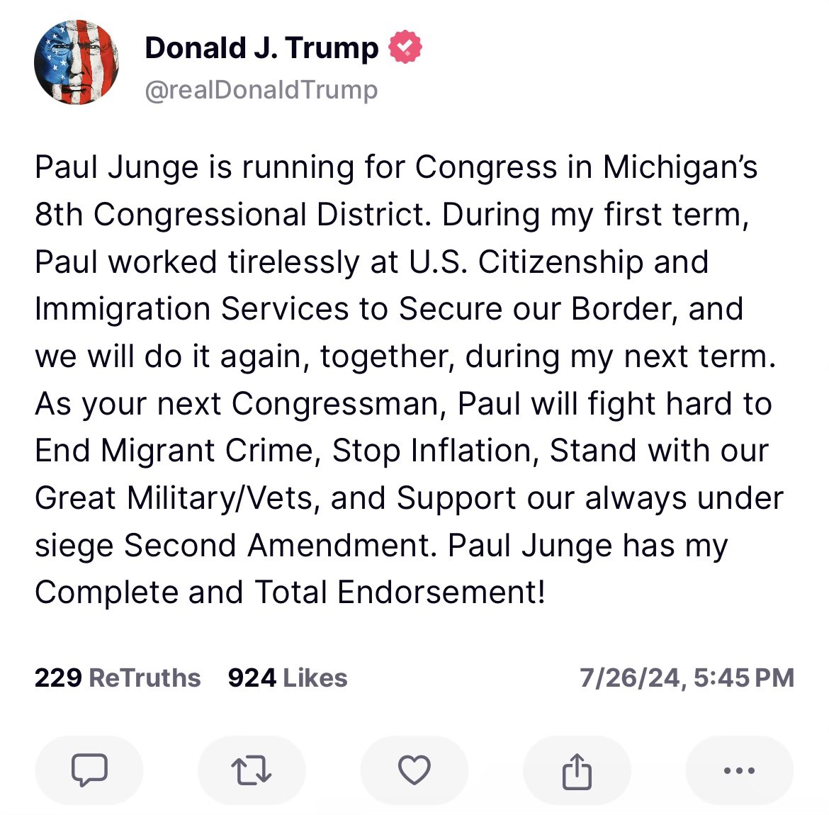 VotePaulJunge's tweet photo. Proud to earn President Trump’s endorsement. 🇺🇸 @realDonaldTrump https://t.co/Kn8X2TtE1p