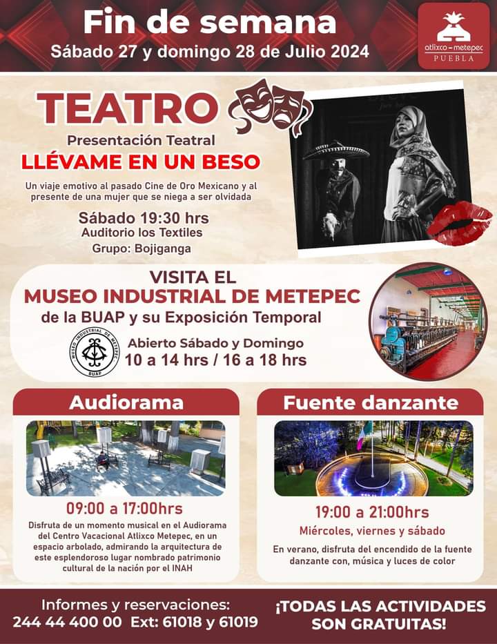 🎵Cura con un beso las angustias de mi aliento...🎵
💋LLÉVAME EN UN BESO💋

Julio 27, 2024.
En el C. Vacacional #IMSS Atlixco-Metepec 🏭
🕑 19:30 hrs.
🪙Coop. Voluntaria Consciente 

Autor: Marcelo Bojiganga
Dir. Laura Menher

<a href="/orgasmocultura/">Orgasmo Cultural</a> <a href="/cultura_mx/">Secretaría de Cultura</a> <a href="/LocuraCultural/">Locura Cultural</a> <a href="/IMACP/">Instituto Municipal de Arte y Cultura de Puebla</a>