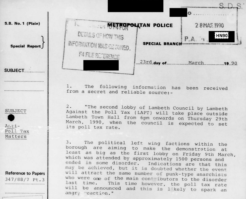 Brixton poll tax demo/mini riot in March 1990 (updated post now including newly released #spycops reports blaming 'punk type anarchists' transpont.blogspot.com/2015/03/violen…