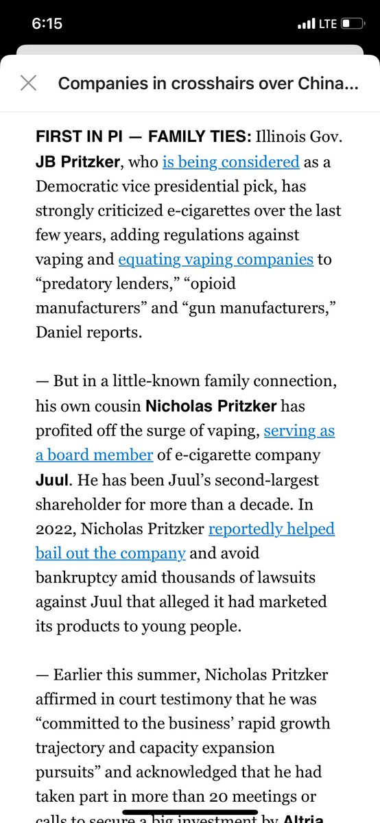 dlippman's tweet photo. SCOOP: IL Gov. JB Pritzker, a potential VP pick, has strongly criticized e-cigarettes in recent years. But his own cousin Nicholas Pritzker is the 2nd largest shareholder of e-cigarette company Juul, from which he and his family have made at least $1.8B. https://t.co/yXHuFbYgEP https://t.co/ALwOjp2w62