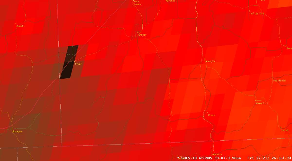NWSSpokane's tweet photo. 3:21 PM [7/26]: #Wildfire continues near #Tyler, WA indicated on satellite https://t.co/S5Hev4dtBf