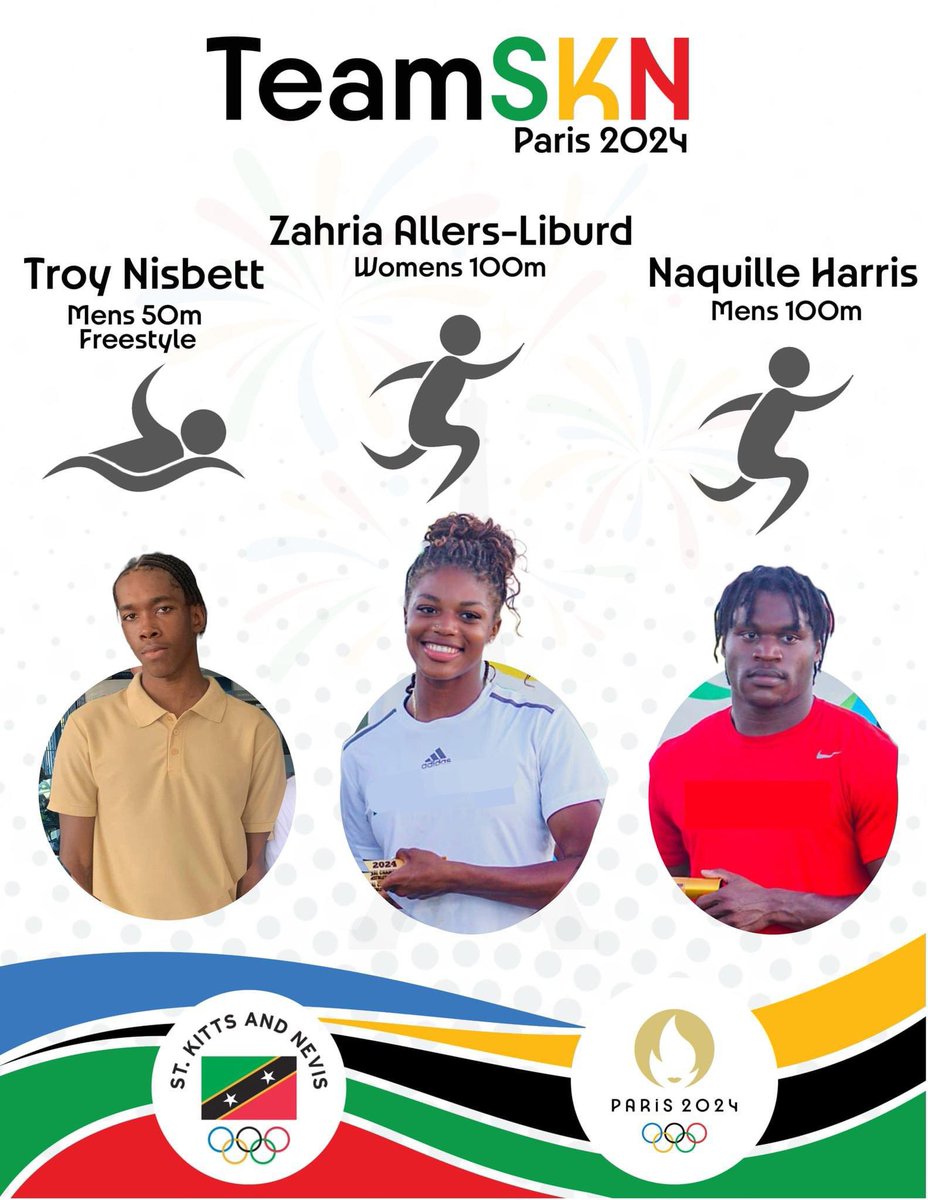 Sending support to TeamSKN at #Paris2024 
Our three athletes, Zahria Allers-Liburd, Naquille Harris and 15 year old Troy Nisbett, have already made us all proud!
🇰🇳