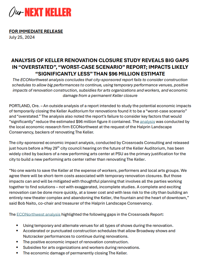 ournextkeller's tweet photo. An outside analysis of a report intended to study the potential economic impacts
of temporarily closing the Keller Auditorium for renovations found it to be a “worst-case scenario” and “overstated.” Read the full analysis here:  https://t.co/e0OT5j9c88 https://t.co/lY1MTdGJ90