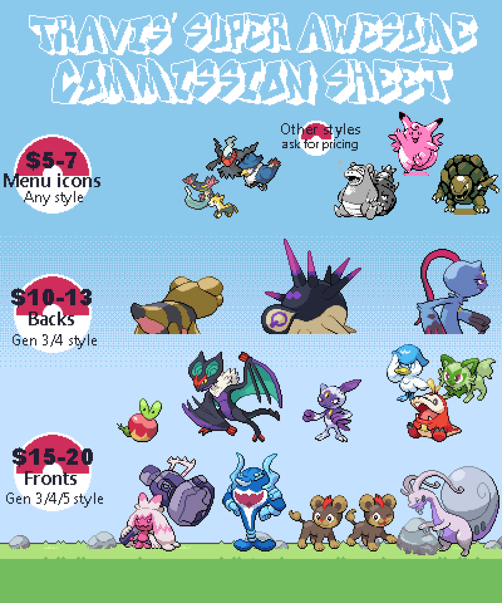 TravisComm's tweet image. Opening commissions here on Twitter/X again! If anyone wants to make cool sprites for hacks, fangames or whatever project, hit me up and let's do it! (I also do trainers and overworlds)