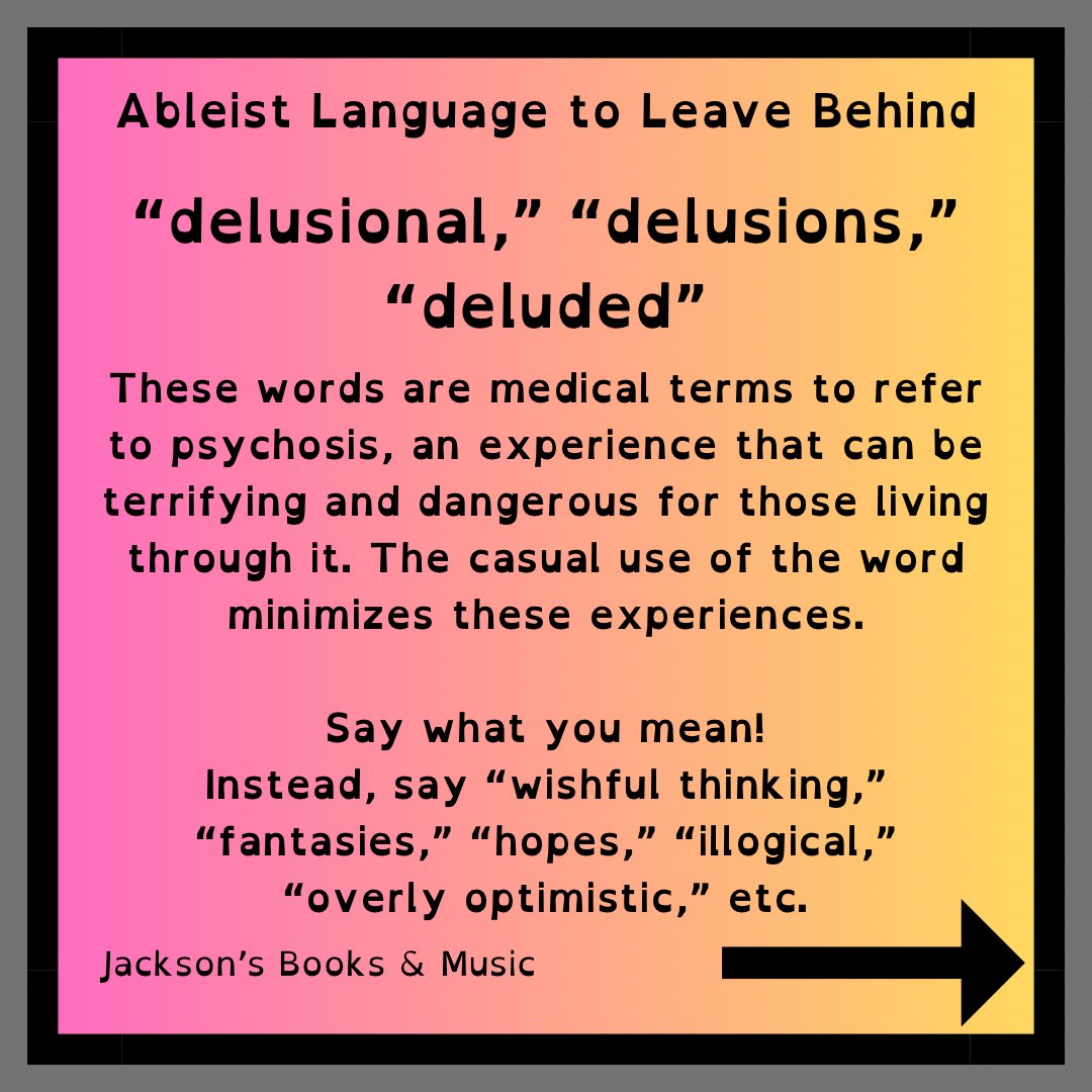 jxbooksandmusic's tweet image. More ableist language to leave behind, and what to say instead!

Part 3 of 3

#DisabilityPride #SensitivityReader