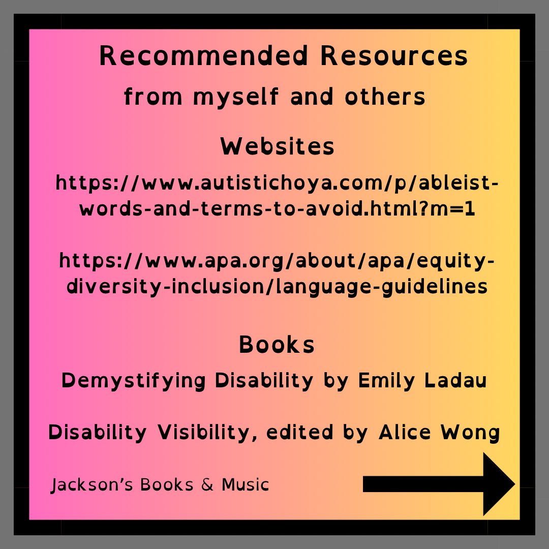 jxbooksandmusic's tweet image. More ableist language to leave behind, and what to say instead!

Part 3 of 3

#DisabilityPride #SensitivityReader
