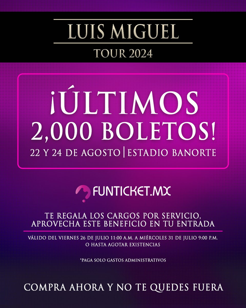ÚLTIMOS 2,000 BOLETOS para ver al Sol de México ☀ este 22 y 24 de agosto en Monterrey. 

Funticket te regala los cargos por servicio 🤯 + 3 y 6 MSI con tarjetas de crédito participantes. 💳

Válido del 26 al 31 de julio 

🎟 Compra aquí: boletos.funticket.mx/boletos19/publ…