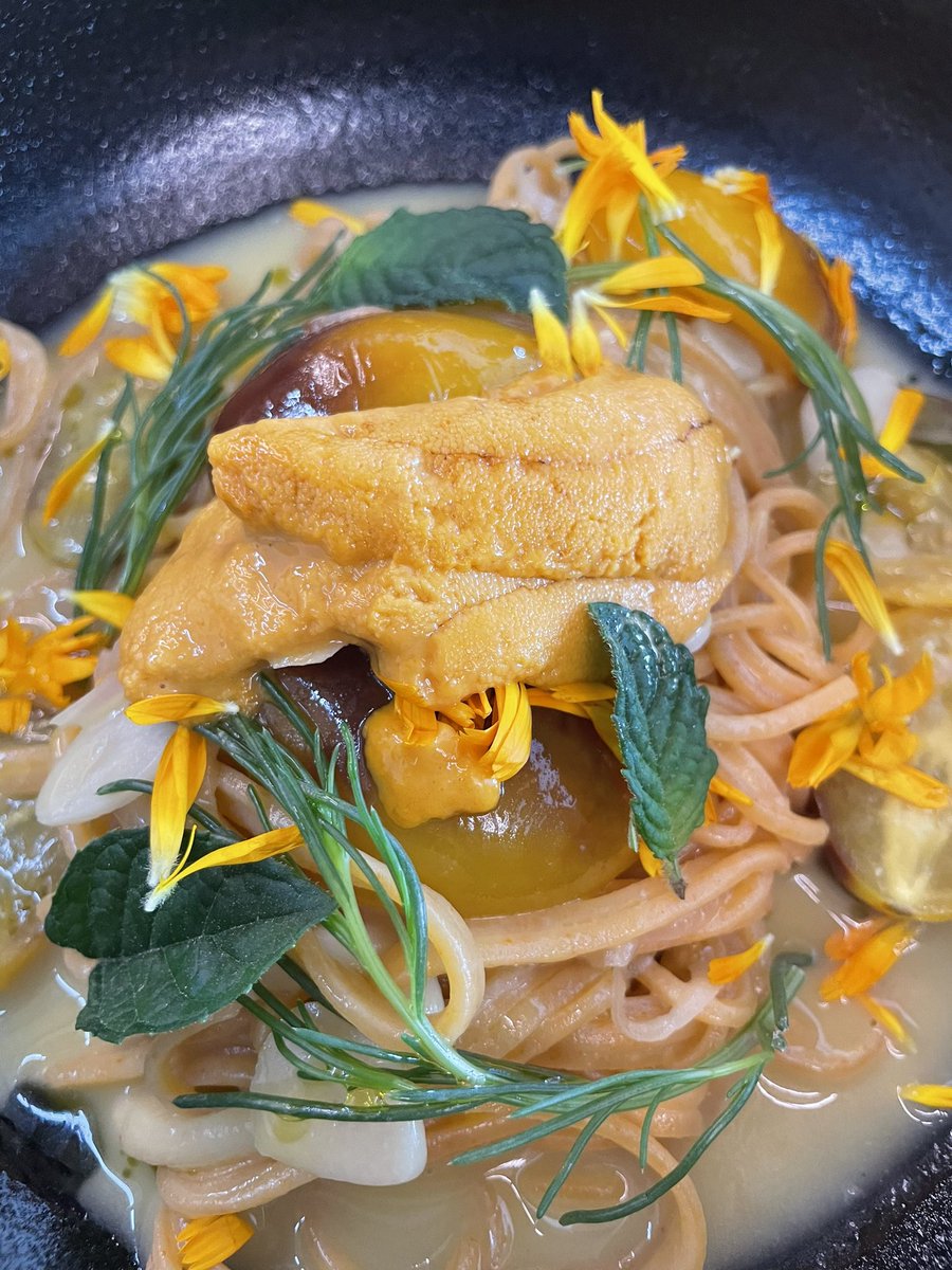 Tomato spaghetti 
Uni, Esoterra heirloom cherry tomatoes, miso, oka hijiki, berries and cream mint from our garden. 

#blackbellyco 
#housemadepasta
#pastalover 
#uni
#unilover 
#yay
#delish