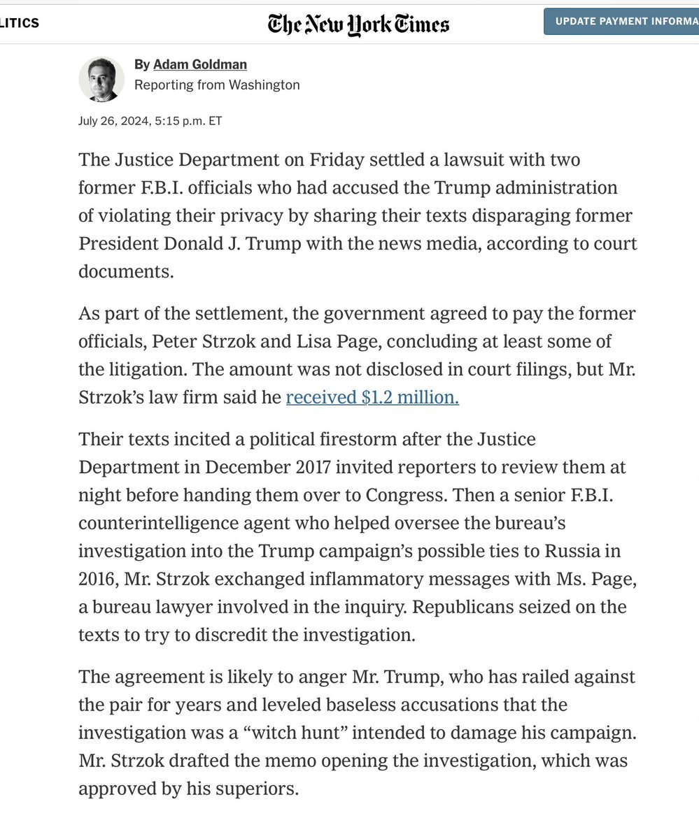 tedfrank's tweet image. Biden administration launders $1.2M payment to Peter Strzok (and likely a similar payment to Lisa Page) through settlement of likely-doomed lawsuit.