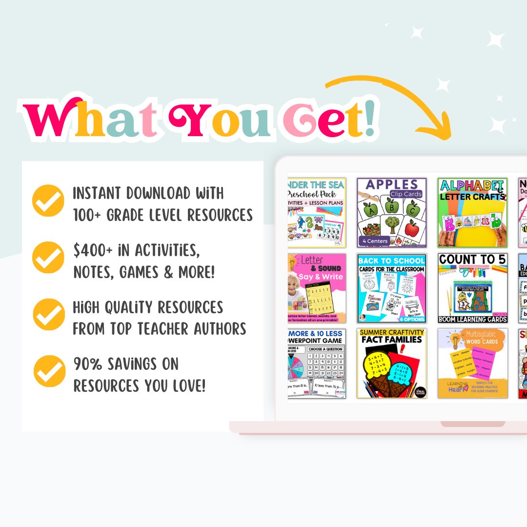 🌟 Transform your Pre-K through 2nd grade resource library this school year!

📚 Explore our exclusive sale, packed with over $400 in value and 100+ products designed for grades Pre-K through 2nd Grade.

✨Head to my IG for the link in my bio ✨