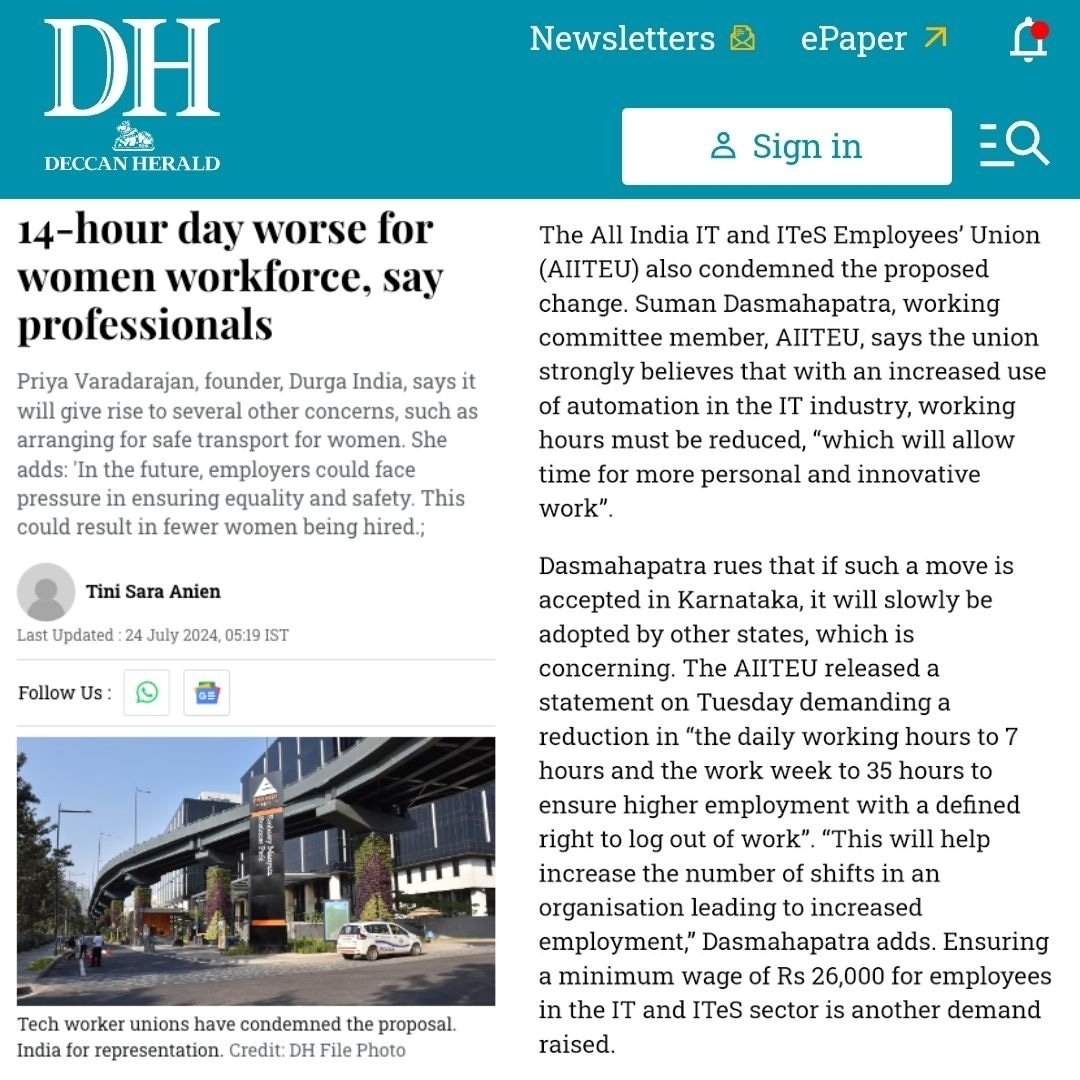 aiiteukarnataka's tweet photo. 'Deccan Herald' report on how the Karnataka government’s proposal lobbied by the IT industry owners will especially affect women.

#14hrWorkDay #Bangalore #Karnataka https://t.co/z8obphw5sA