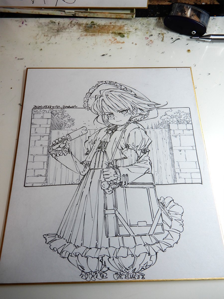公園の風に当たる鷹。
#色紙 #線画 