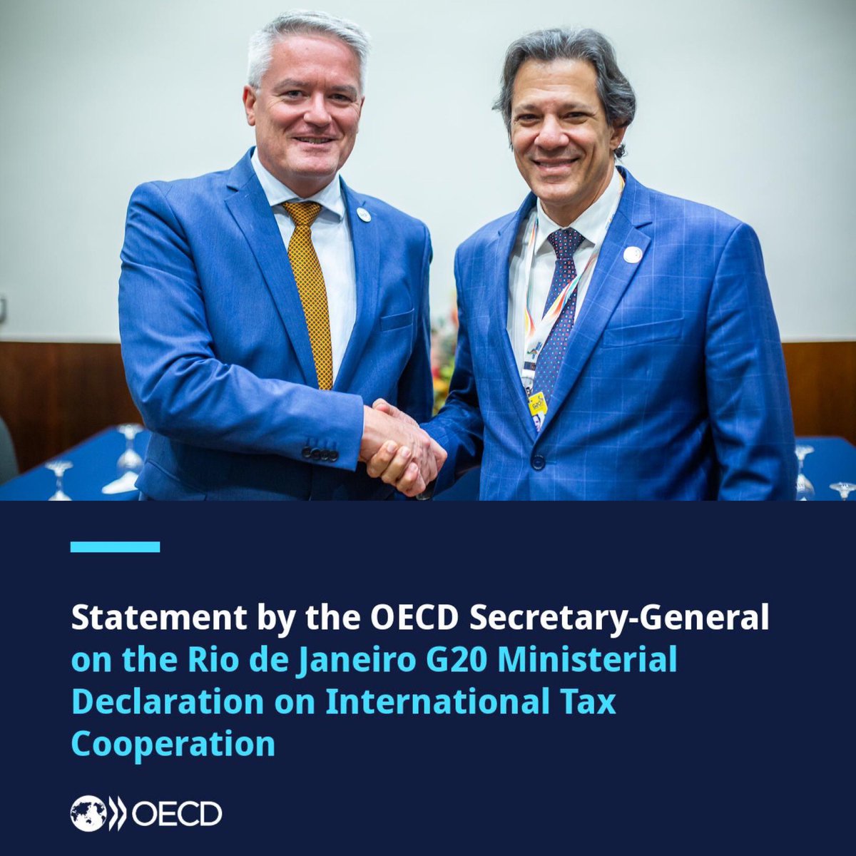 We warmly welcome the G20 Finance Ministers Declaration on International Tax Cooperation.

Congratulations to 🇧🇷 on this achievement. 

We also welcome the commitment of Finance Ministers  to finalise and swiftly implement the Two-Pillar Solution.  

🔗 oe.cd/5Eh