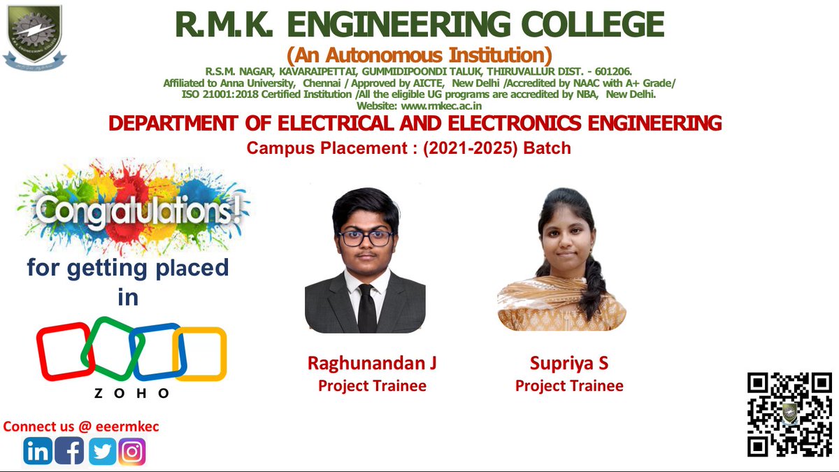 eeermkec's tweet photo. Hearty congratulations to Mr. Raghunandhan &amp; Ms. Supriya S (2021-2025) Batch for getting campus placed as Project Trainee at ZOHO. https://t.co/9rtttVPhDY