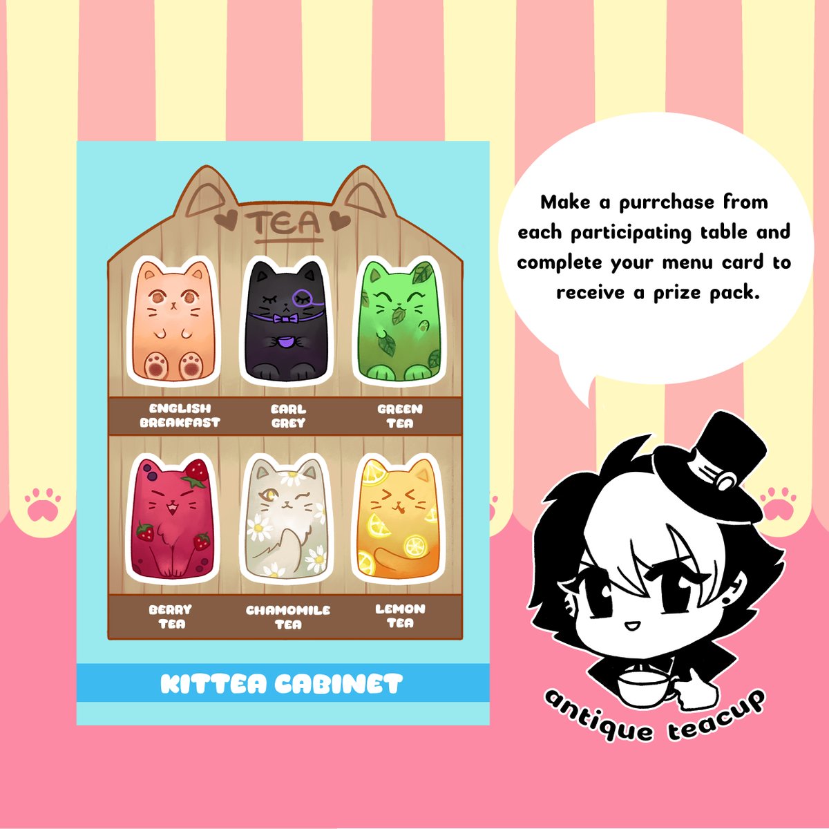 antique_teacup's tweet photo. I'm at Manchester Megacon this weekend and part of the cat cafe stamp rally! Make a purrchase at each participating table, complete your menu to get a prize pack containing stickers, prints and bookmarks by each artist. Only 50 prizes are available! #megaconlive https://t.co/c6UgEEAsip