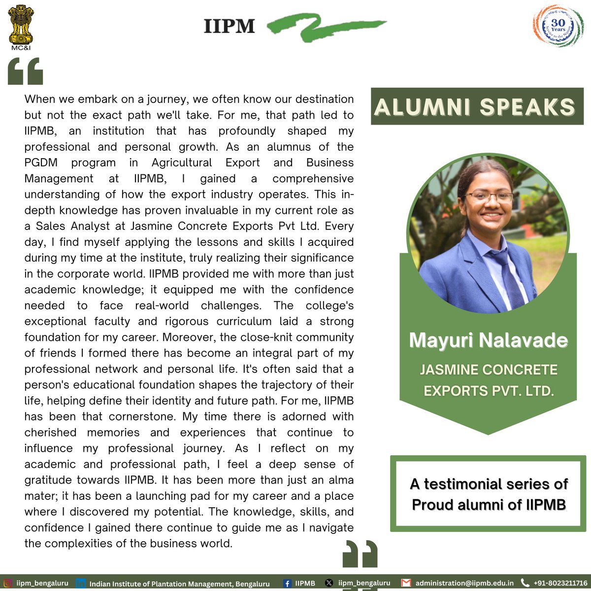 iipm_bangalore's tweet photo. Our beloved alumni of PGDM - Agri Exports and Business Management, Ms. Mayuri Nalavade, Sales Analyst at Jasmine Concrete Exports Pvt Ltd, shares her views on the incredible learning at IIPMB and how it's helping in her real-world applications.
#iipmb #iipmbians #aebm #pgdm https://t.co/KtxUAvcL6a