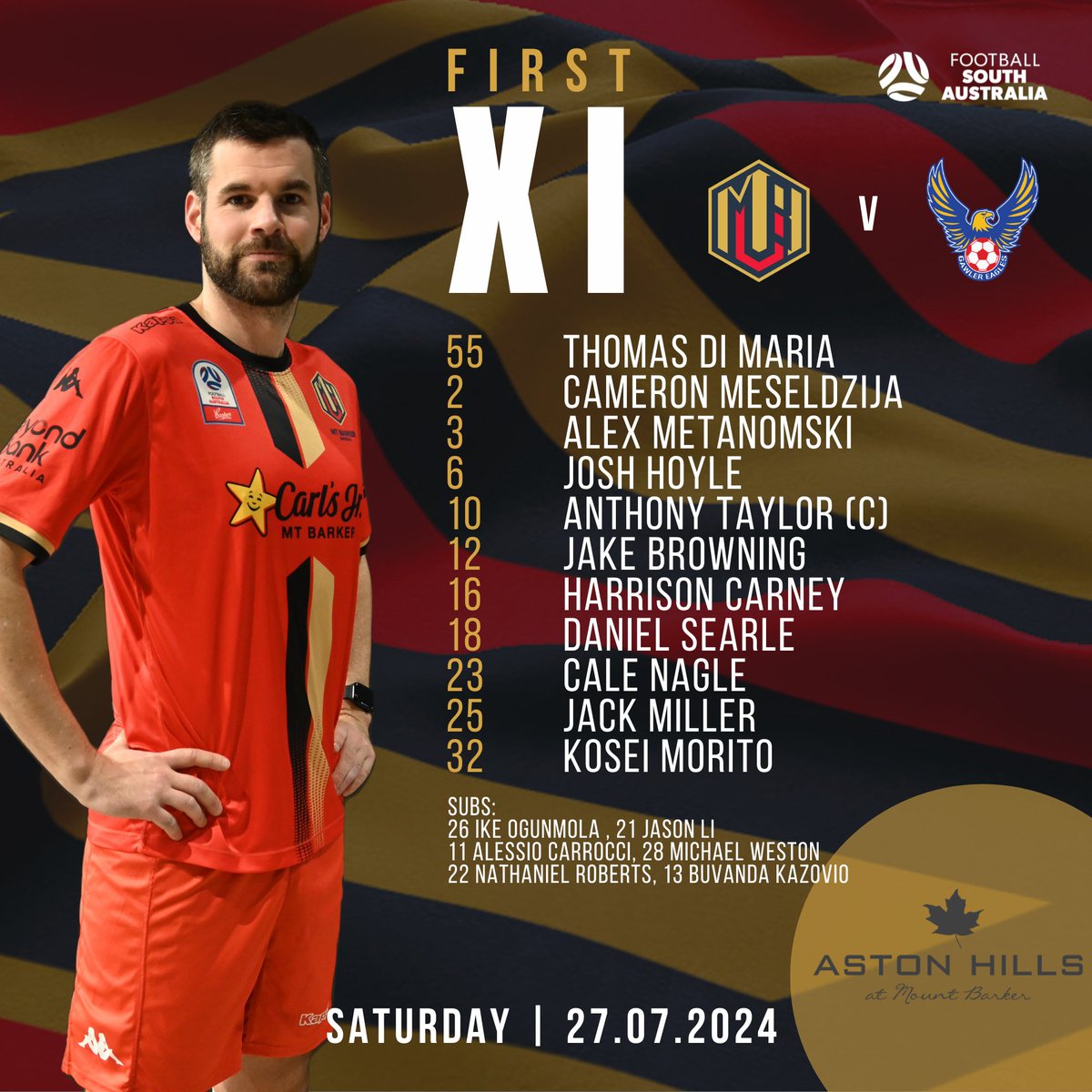 MtBarkerSC's tweet photo. Presenting your first team for today's Round 20 match against Gawler Eagles at Karbeethan Reserve in Evanston Gardens for Meta's 200th.
Captain, Anthony Taylor.

 KO 3:00pm
Let's Go Barker!

#AlwaysUnited https://t.co/4jOASVkJRd