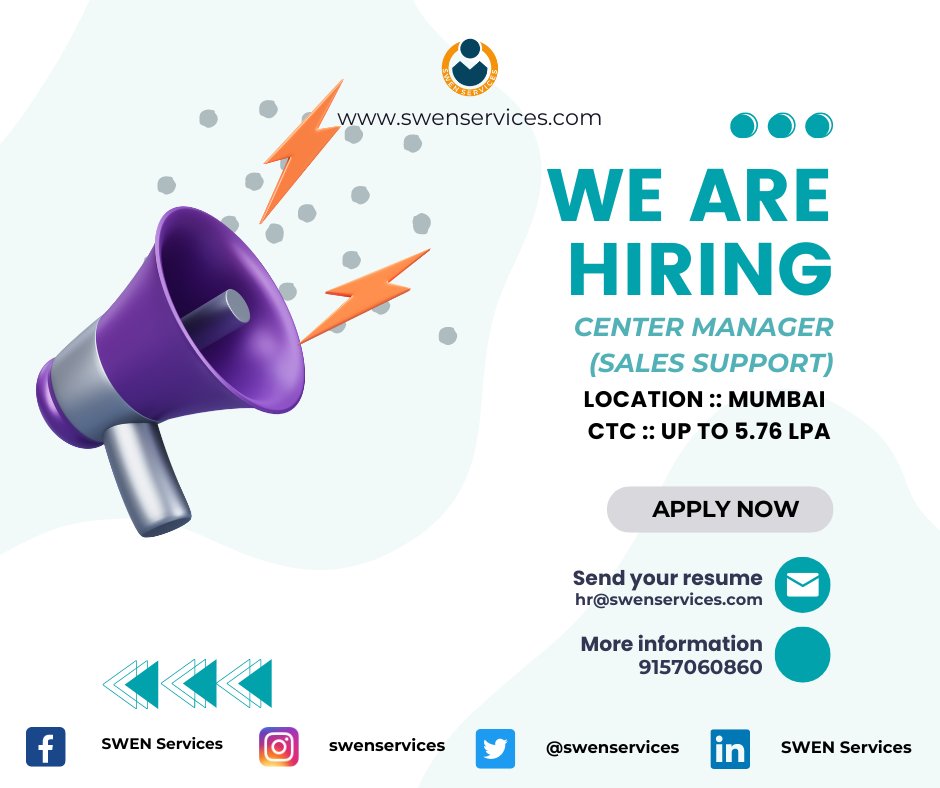 Swenservices's tweet image. #centermanager #salesupport #hiring
Position :: Center Manager
CTC :: Up to 5.76 LPA + Variable pay up to 3.5 LPA + Allowances 3.5rs per KM petrol and 1500rs telephone
Location :: Mumbai
Need more than 5 years of insurance sales experience.
Call or share your resume on 9157060860