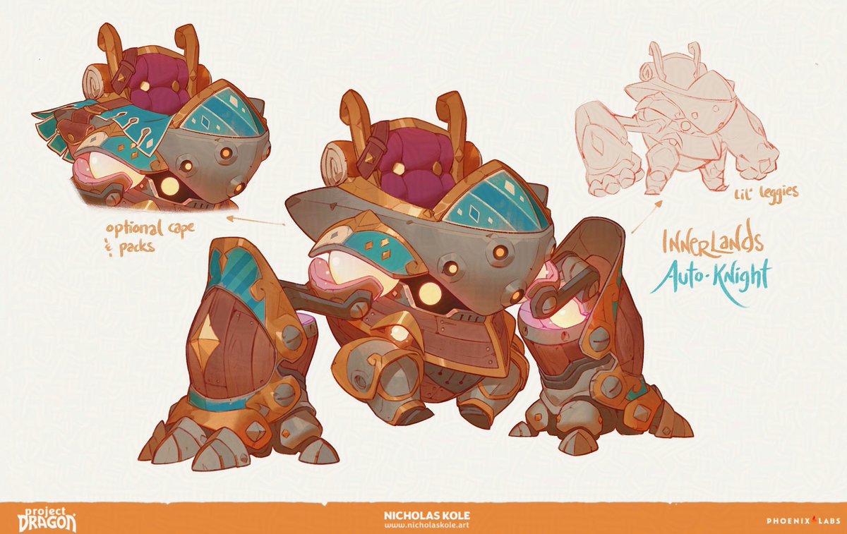 FromHappyRock's tweet image. THE AUTO-KNIGHT! probably one of my favorite concepts on the project. As we experimented with different mount archetypes, I knew I wanted to find some magitech mech. Once I hit on the sebulba body plan and little flourishes of heraldry, I knew I was on to something #ProjectDragon