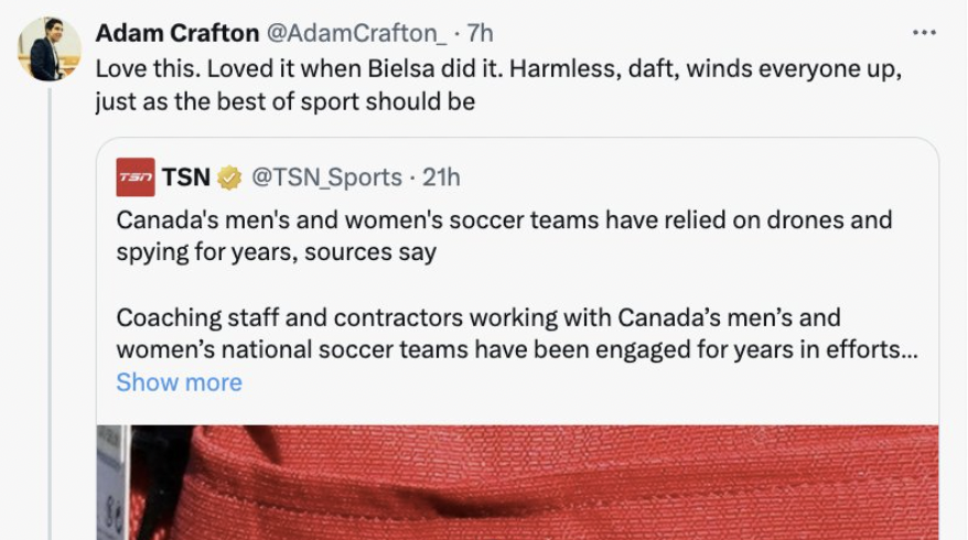 Johnsmith2553h's tweet image. reaction to #Spygate in Canada vs outside of Canada.

our media is hugely embarrassing themselves.

#canwnt #canmnt #tfclive