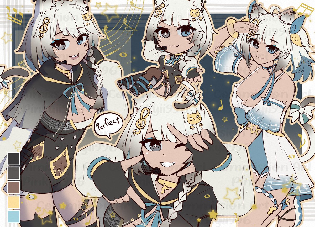 Hi! 🎶 I’m Symphonia and I am a part time cat idol vtuber and a full time hole! 🙈 I love singing and making silly jokes on the internet 🩵💛 

I wanted to post a new ref sheet to include my new outfit ☀️ 

#vtuber ♪ #envtuber