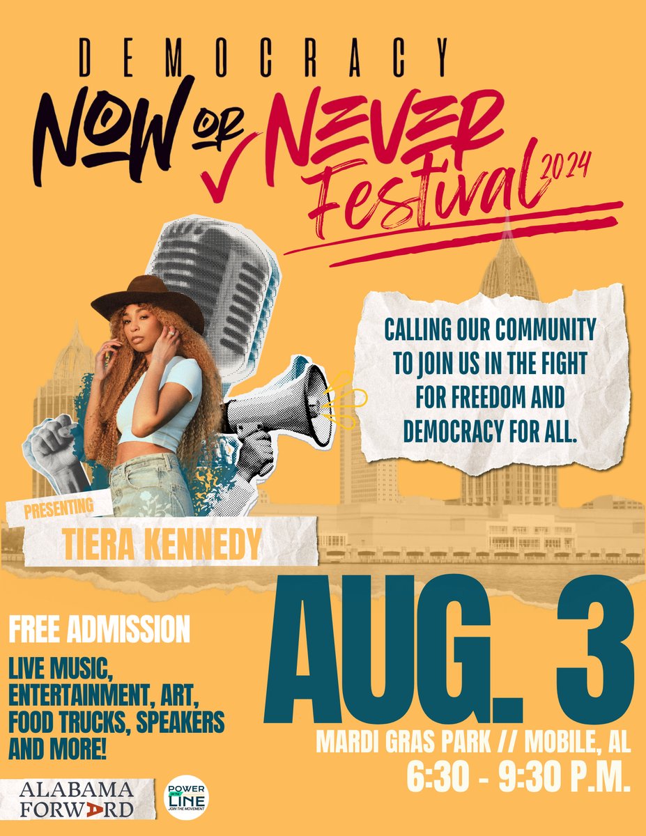 HEADLINER ANNOUNCEMENT!! Tiera Kennedy will be performing August 3rd at the Democracy Now or Never Festival! You don’t want to miss this performance at Mardi Gras Park. Get your tickets in our bio! #ShaketheFieldAL #DemocracyNoworNever