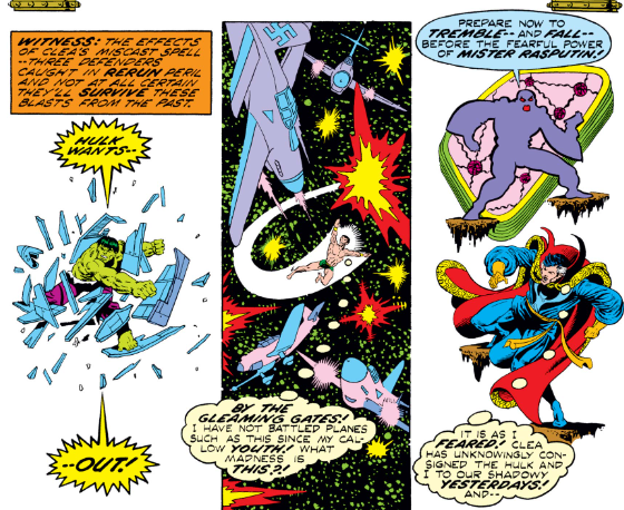 MarvelADay's tweet photo. #MarvelADay #GSD1 It was Clea's spell that caused the disappearing acts. Hulk, Namor and Dr. Strange all end up in their respective flashbacks! - VA https://t.co/vByEqSjwIc
