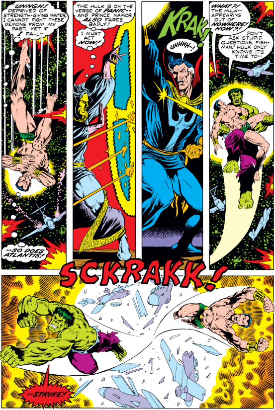 MarvelADay's tweet photo. #MarvelADay #GSD1 Strange manages to summon Hulk into Namor's flashback and together they defeat those warplanes with a resounding SCKRAKK! - VA https://t.co/PhhM33JWK1