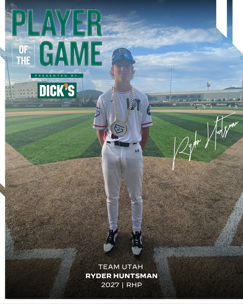 Prep Baseball (@prepbaseball) on Twitter photo Congrats to RHP/SS Ryder Huntsman for earning the <a href="/DICKS/">DICK'S Sporting Goods</a> Sporting Goods Player of the Game.๐ฅ #PBFG24
Huntsman threw 3 perfect innings, striking out 4, and running the heater up to 89 mph for Team Utah. Congrats to RHP/SS Ryder Huntsman for earning the <a href="/DICKS/">DICK'S Sporting Goods</a> Sporting Goods Player of the Game.๐ฅ #PBFG24
Huntsman threw 3 perfect innings, striking out 4, and running the heater up to 89 mph for Team Utah.