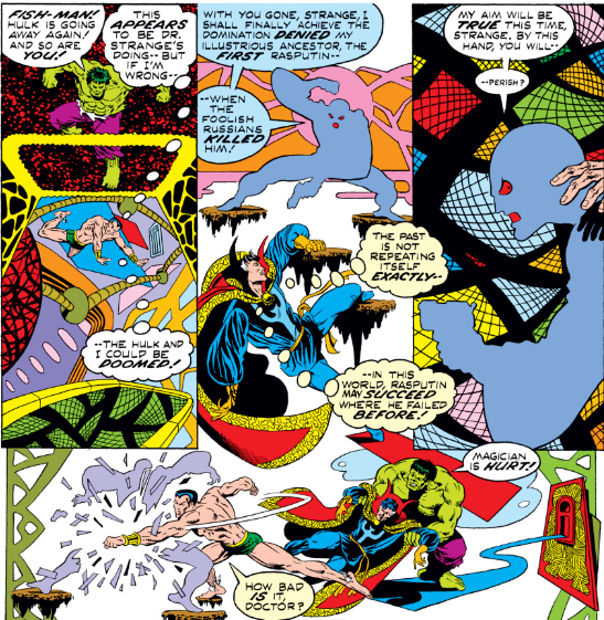MarvelADay's tweet photo. #MarvelADay #GSD1 The other members fade out and appear in Dr. Strange's flashback. Namor handily takes care of the supposed heir of Rasputin. - VA https://t.co/0TsjtS82kR