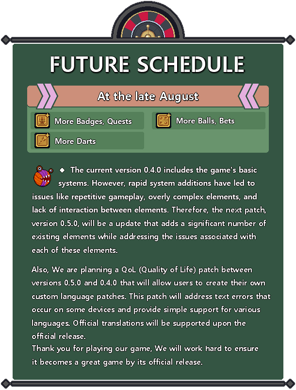 Hello Bingle Bingle players,
Due to spending more time than anticipated on the language patch, the update originally scheduled for early August will need to be postponed to the late August. We kindly ask for your patience a little longer.