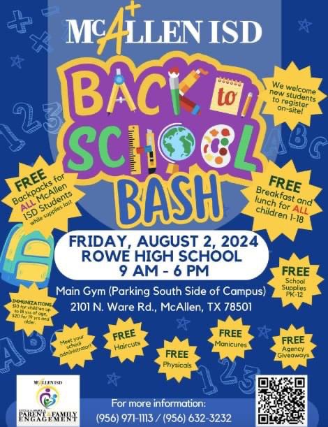 FieldsFalcons's tweet photo. Hello Falcons! Join us Friday, August 2nd, from 9:00 - 6:00 p.m. at Rowe High School for the McAllen ISD Back to School Bash! We hope to see you there!
#FieldsInpires ๐๐ https://t.co/guyZ83tpoD