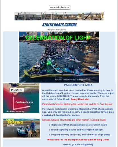 Watching the fireworks from a boat? Do a thorough inspection before leaving the dock. Lifejackets for everyone? Nav lights working? All required safety equipment easily accessible? Expect changing conditions, heavy traffic and boat operators with varied experience. <a href="/VancouverPD/">Vancouver Police</a>